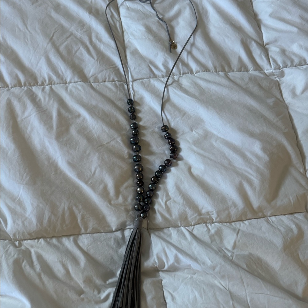 Elegant Black Beaded Necklace with dark grey Tassel